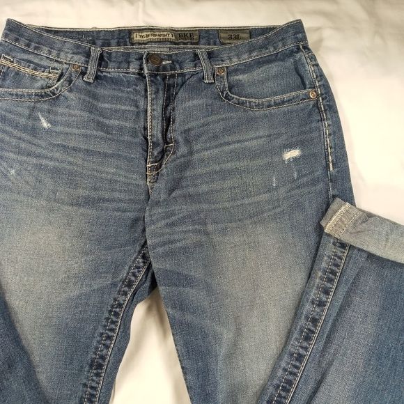 BKE Denim Tyler straight leg men's 33L cuffed 5 pocket distressed whiskered - Picture 2 of 11